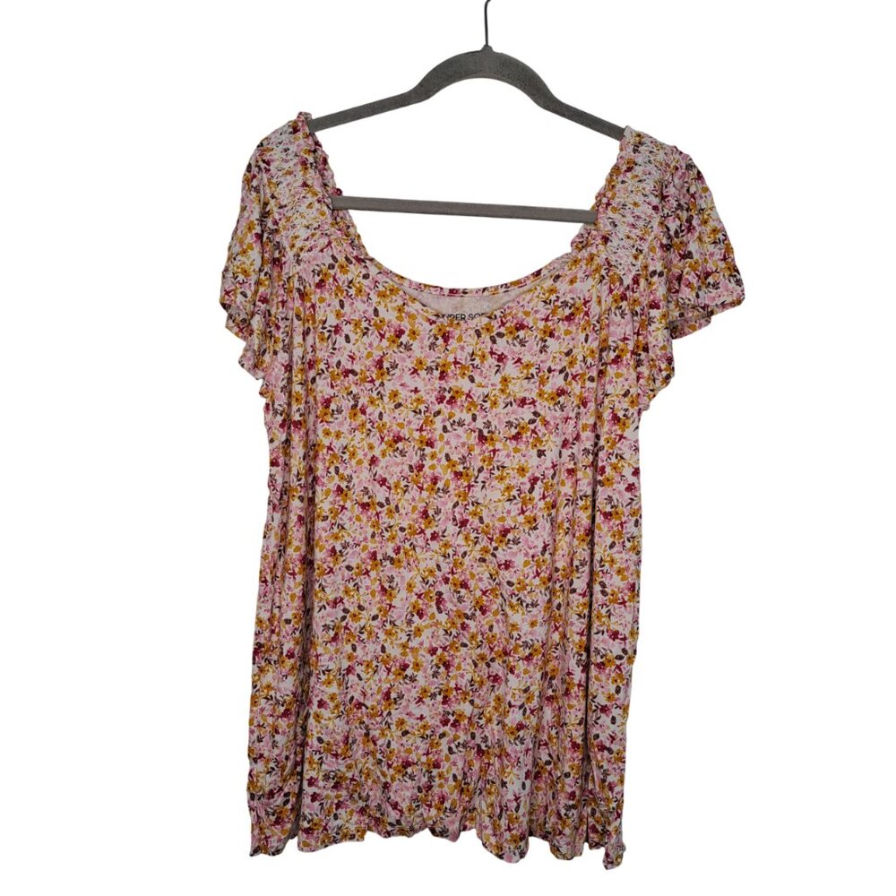 Torrid Super Soft Knit Pink Smocked Flutter Sleeve Floral Blouse Plus Size 2